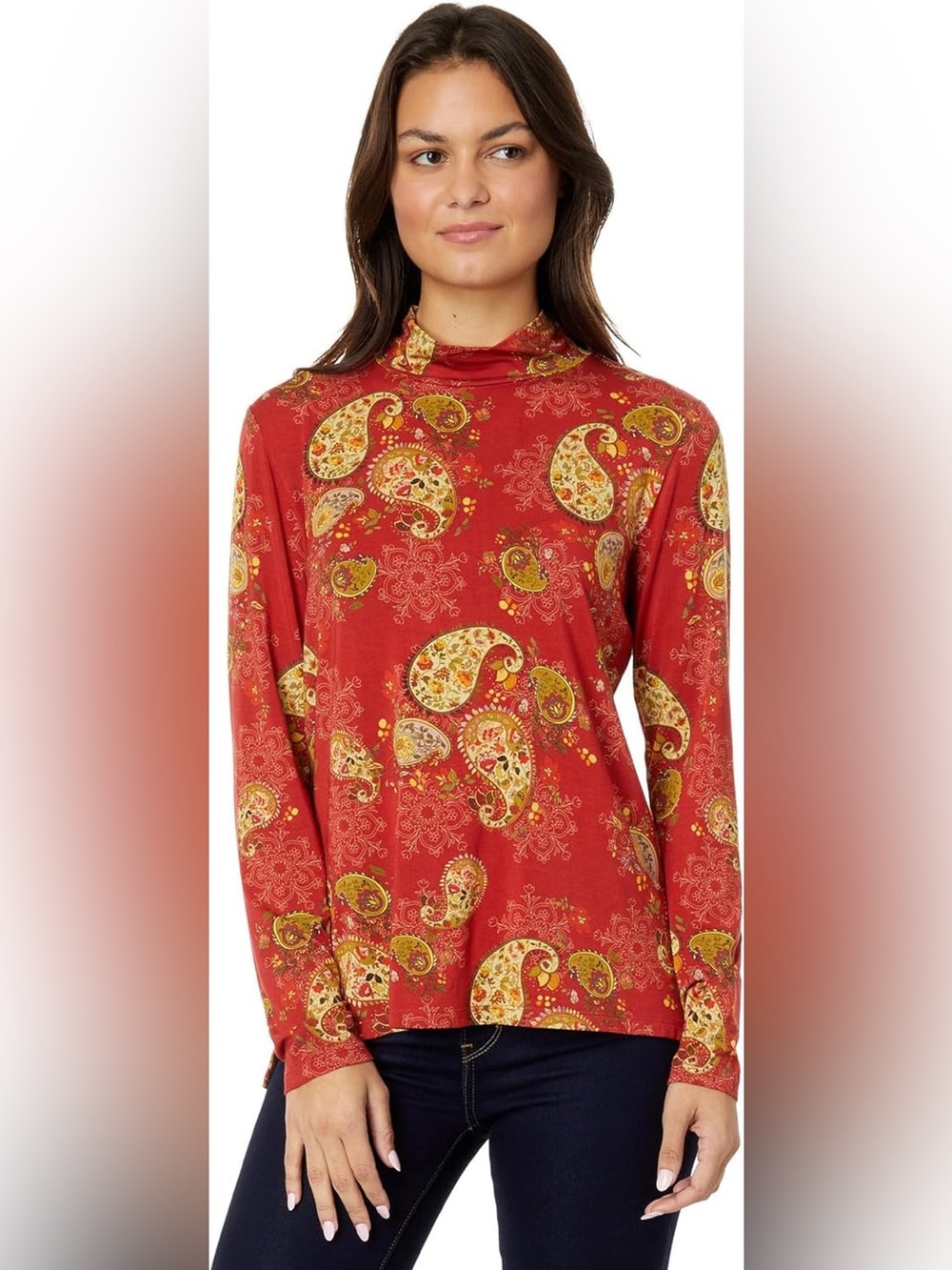 Johnny Was Red Paisley Mock Neck Long Sleeve Top